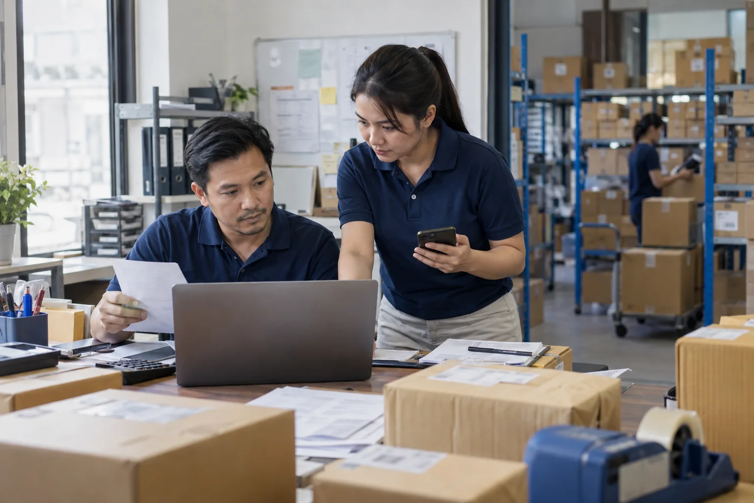 Wholesale distribution staff reviewing customer orders beside a stockroom
