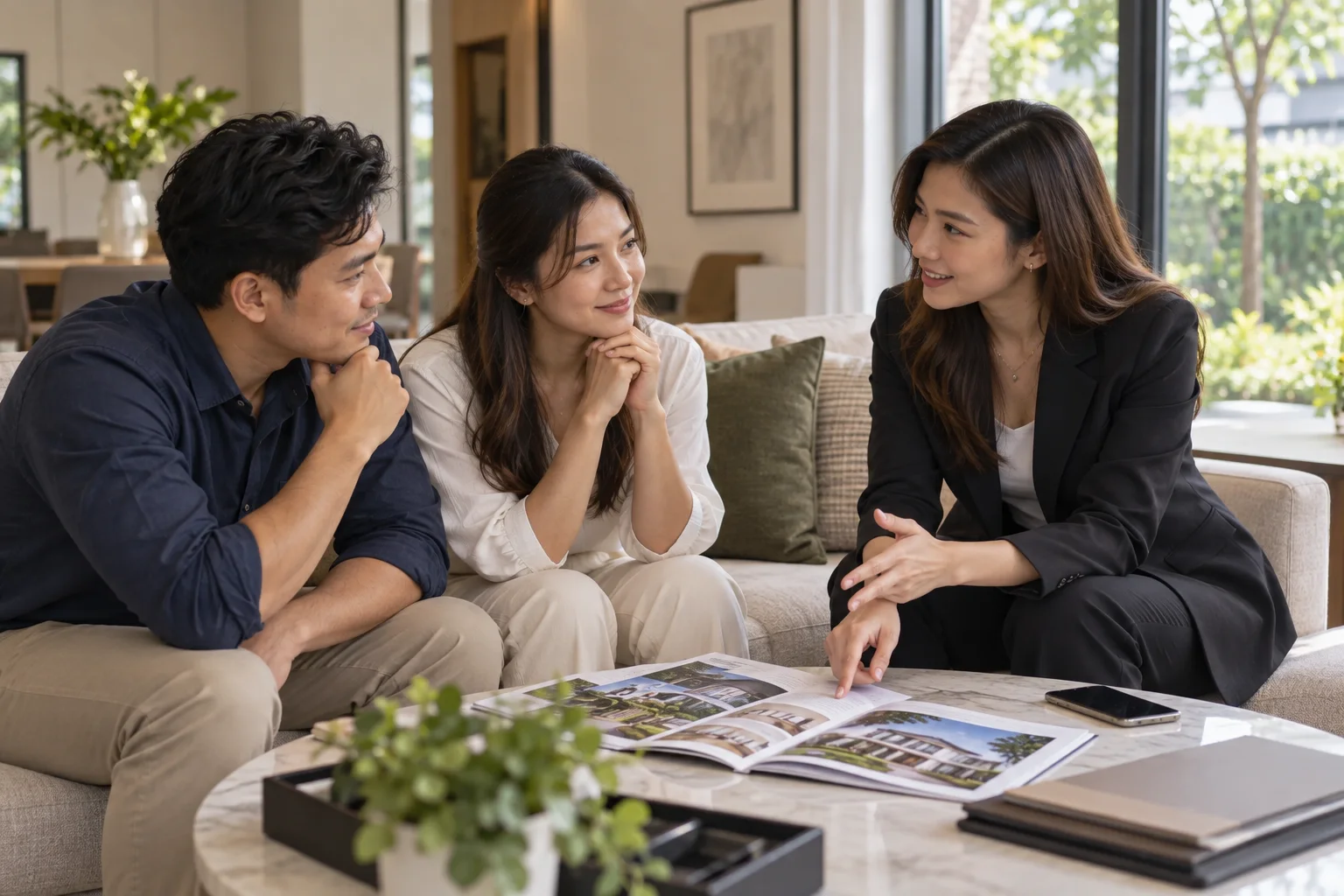 A property agent having a relaxed conversation with two prospective customers
