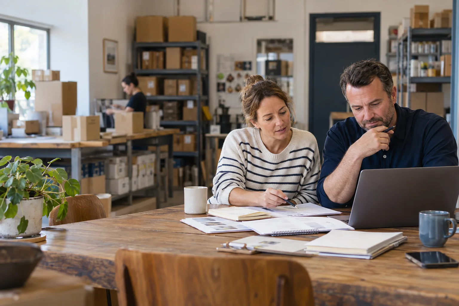 A small-business owner and technology partner review plans together in a wholesale office